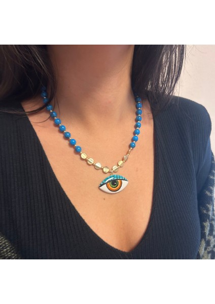 Mavi Havlit Doğal Taş Altın Aksesuar Evil Eye Göz Nazar Uçlu Özel Tasarım Doğaltaş Kadın Kolye fiyatları