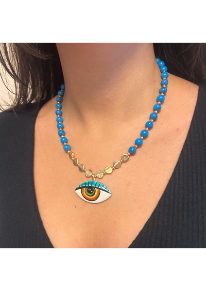 Mavi Havlit Doğal Taş Altın Aksesuar Evil Eye Göz Nazar Uçlu Özel Tasarım Doğaltaş Kadın Kolye modelleri