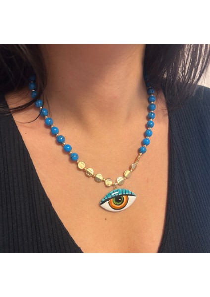 Mavi Havlit Doğal Taş Altın Aksesuar Evil Eye Göz Nazar Uçlu Özel Tasarım Doğaltaş Kadın Kolye fırsatları