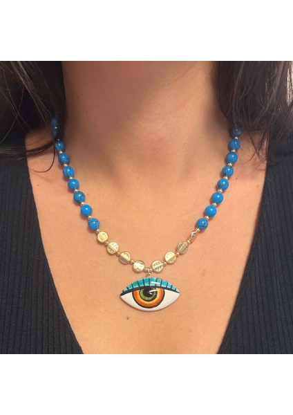 Mavi Havlit Doğal Taş Altın Aksesuar Evil Eye Göz Nazar Uçlu Özel Tasarım Doğaltaş Kadın Kolye indirimleri