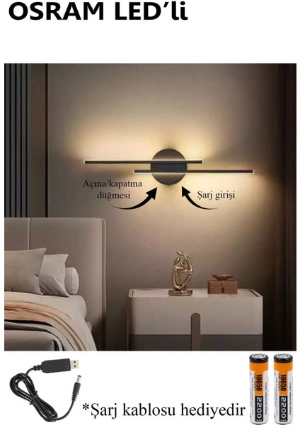 Assos Osram LED Şarjlı Pilli Modern Tasarım Siyah Eskitme Gün Işığı Banyo - Mutfak - Salon-Ofis 2x3