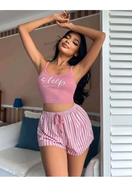 Pembe Çizgili Desenli Kısa Kol Saten Kadın Şortlu 2'li Pijama Gecelik Takımı fırsatları