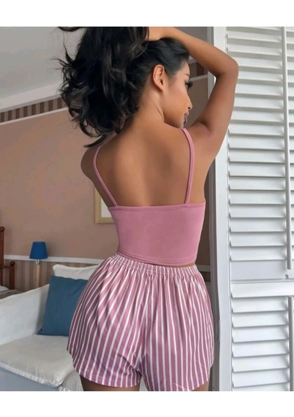 Pembe Çizgili Desenli Kısa Kol Saten Kadın Şortlu 2'li Pijama Gecelik Takımı indirimleri