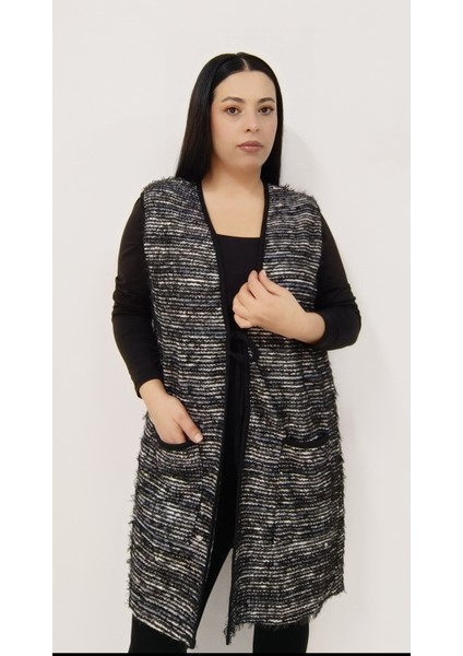 Büyük Beden Kadın Sakallı Dokuma Triko Bağcıklı Iki Cepli Uzun Anne Yelek modelleri