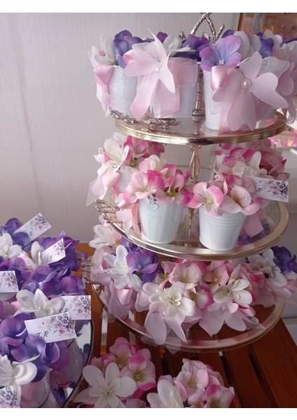 Dekoratif Yapay Bahar Çiçekleri ile Süslü Mini Metal Kova, 10 Adet