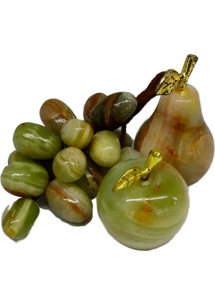 Oniks Taşından 3'lü Dekoratif Meyve Seti: Elma, Armut ve Üzüm - Şık Ev ve Ofis Dekoru