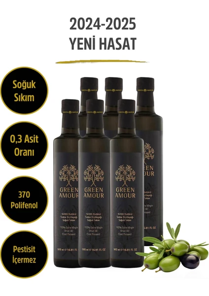 Green Amour Yeni hasat, Soğuk Sıkım, 0,3 Asit, 370 Polifenol, Pestisit İçermeyen, 6 adet 500 ml  Naturel Sızma Zeytinyağı