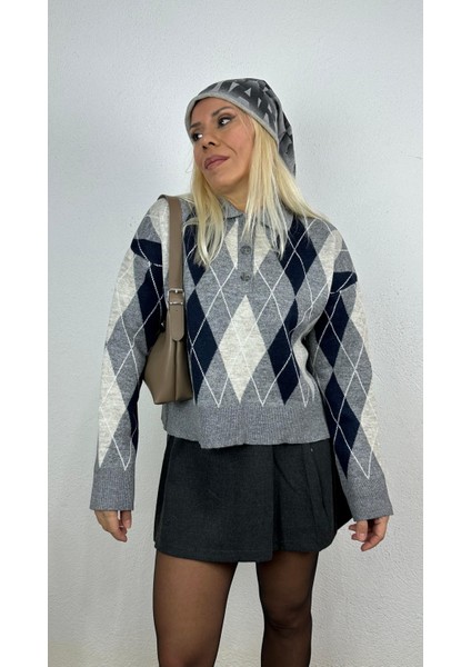 Nunu By Cozy Polo Yaka Gri Küçük Baklavalı Kolej Kazak
