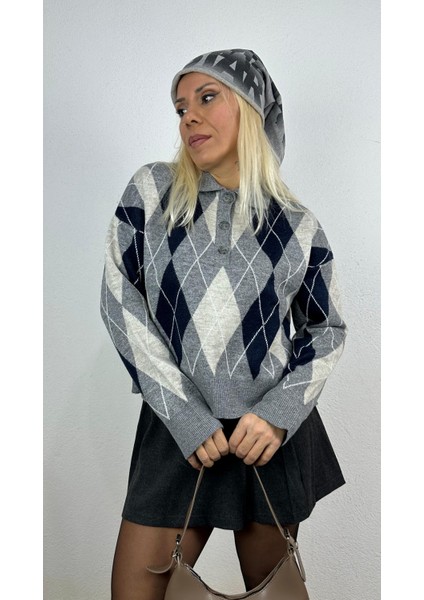 Nunu By Cozy Polo Yaka Gri Küçük Baklavalı Kolej Kazak modelleri