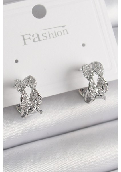 Pirinç Gümüş Renk Zirkon Taşlı Burgu Model Kadın Küpe