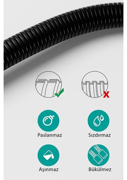Siyah Duş Başlığı Hortumu 150 cm Esnek Patlamaz Duş Başlık Hortumu Kopmaz Patlamaz Örgü Hortum