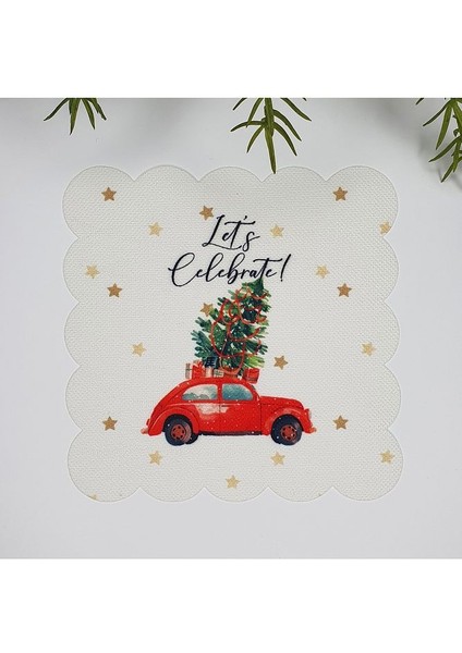 Şirin Kırmızı Araba ve Yılbaşı Ağacı Tasarımlı Lazer Kesim Kumaş Kokteyl Peçetesi 1 Adet
