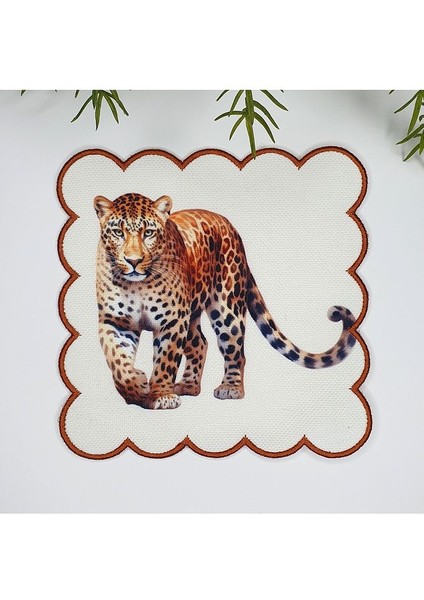 Sulu Boya Leopar Desenli Etrafı Nakışlı Kumaş Kokteyl Peçetesi 1 Adet