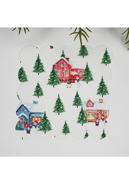 Sulu Boya Evler ve Çam Ağaçları Desenli Lazer Kesim Kumaş Kokteyl Peçetesi 1 Adet