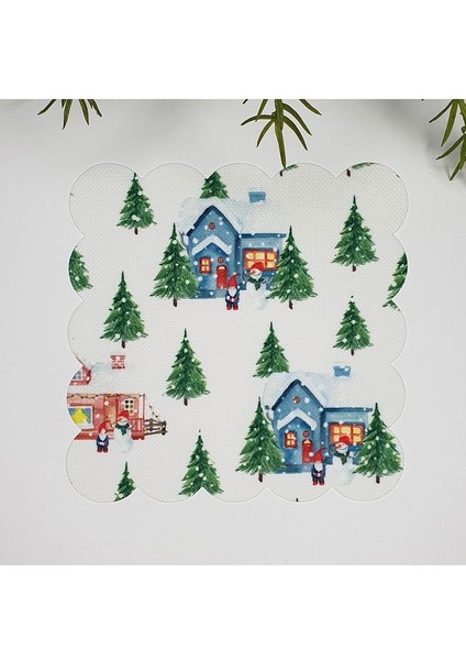 Sulu Boya Evler ve Çam Ağaçları Desenli Lazer Kesim Kumaş Kokteyl Peçetesi 1 Adet fiyatları