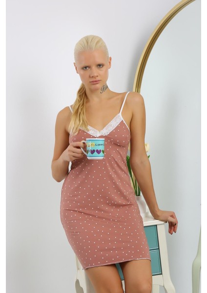 Kadın Penye Puantiye Desenli Ip Askılı Gecelik 36719