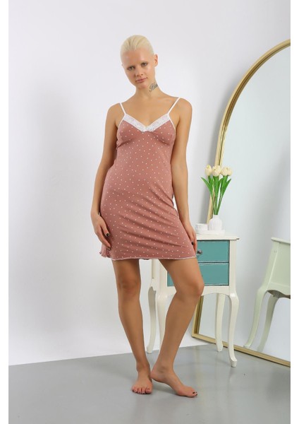 Kadın Penye Puantiye Desenli Ip Askılı Gecelik 36719 fırsatları