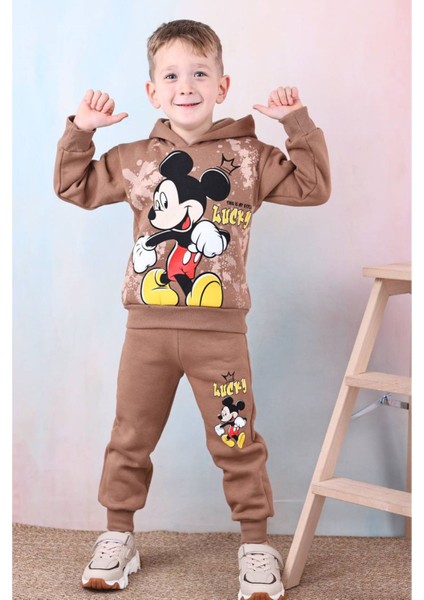 Pjk3i Mickey Mause Desenli Kahverengi 3 Ip Şardonlu Kapşonlu Pamuk Erkek Çocuk Eşofman Takımı 3-10 Yaş 7395-K