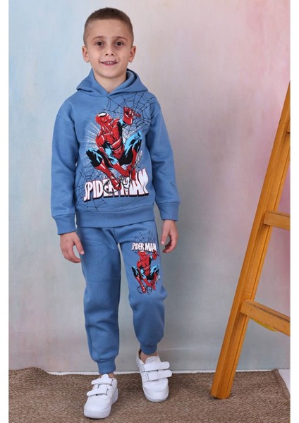 Pjk3i Örümcek Adam Desenli Mavi 3 Ip Şardonlu Kapşonlu Pamuk Erkek Çocuk Eşofman Takımı 3-10 Yaş 7396-M