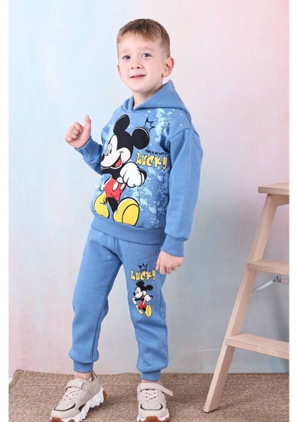 Pjk3i Mickey Mause Desenli Mavi 3 Ip Şardonlu Kapşonlu Pamuk Erkek Çocuk Eşofman Takımı 3-10 Yaş 7395-M