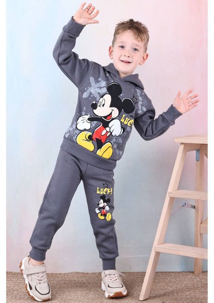 Pjk3i Mickey Mause Desenli Füme 3 Ip Şardonlu Kapşonlu Pamuk Erkek Çocuk Eşofman Takımı 3-10 Yaş 7395-F