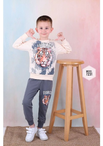 Pjk2i Kaplan Desenli Füme 2 Ip Pamuk Erkek Çocuk Eşofman Takımı 3-10 Yaş 7231-F