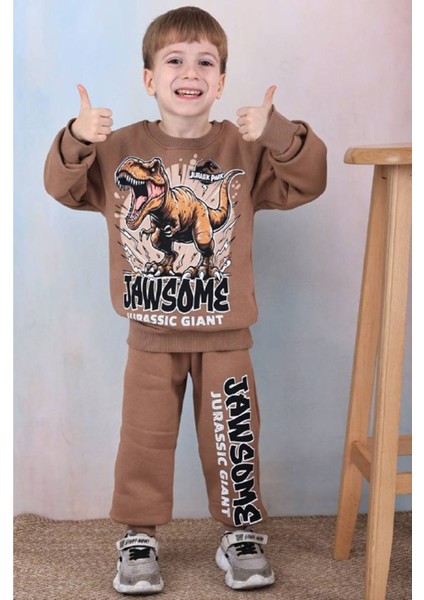 Pjk3i Dinazor Desenli Kahverengi 3 Ip Şardonlu Pamuk Erkek Çocuk Eşofman Takımı 3-10 Yaş 7357-K