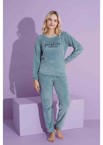Tarp Yeşil Kadife Anne Pijama Takımı 6423-3-Y