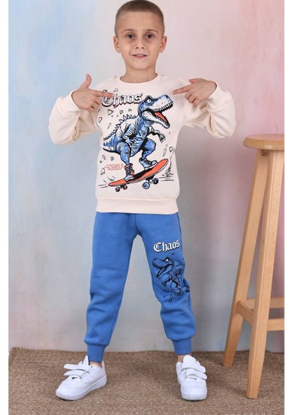 Pjk3i Dinazor Desenli Mavi 3 Ip Şardonlu Pamuk Erkek Çocuk Eşofman Takımı 3-10 Yaş 7358-M