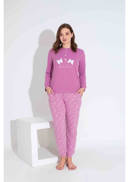 Tarp 3 Düğmeli Pembe Kelebek Nakışlı Termal Anne Pijama Takımı 6433-P