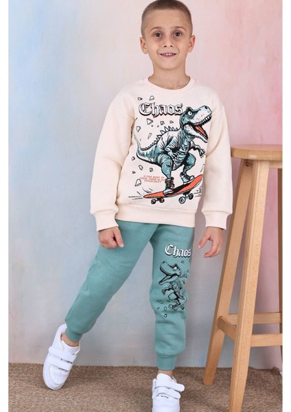 Pjk3i Dinazor Desenli Yeşil 3 Ip Şardonlu Pamuk Erkek Çocuk Eşofman Takımı 3-10 Yaş 7358-Y