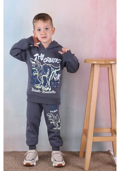 Pjk3i Dinozor Desenli Füme 3 Ip Şardonlu Kapşonlu Pamuk Erkek Çocuk Eşofman Takımı 3-10 Yaş 7338-F