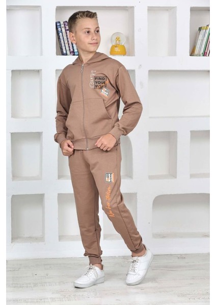 Pjk2i Fınd Your Way Desenli Kahverengi 2 Ip Pamuk Erkek Çocuk Fermuarlı Eşofman Takımı 5-14 Yaş 7468-K