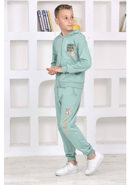 Pjk2i Fınd Your Way Desenli Yeşil 2 Ip Pamuk Erkek Çocuk Fermuarlı Eşofman Takımı 5-14 Yaş 7468-Y