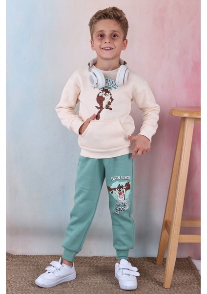 Pjk3i Tazmanya Canavarı Desenli Yeşil Kanguru Cepli 3 Ip Şardonlu Pamuk Erkek Çocuk Eşofman Takımı 3-10 Yaş 7342-Y