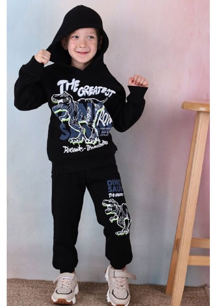 Pjk3i Dinozor Desenli Siyah 3 Ip Şardonlu Kapşonlu Pamuk Erkek Çocuk Eşofman Takımı 3-10 Yaş 7338-S