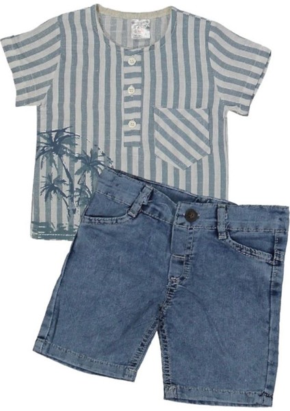 Mk Palmiyeli Gömlekli Kot Şortlu Erkek Çocuk Kısa Kol Takım 6-10 Yaş Mavi Çizgili 1158-M