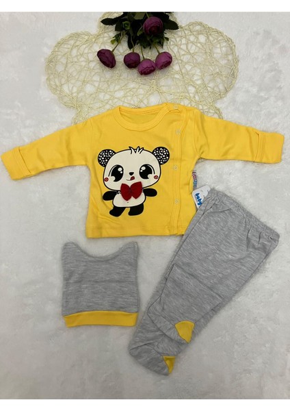 Pamuklu Kendinden Eldivenli Bebek Papyonlu Ayıcık Sarı 3 Parça Hastane Çıkışı Seti 9201-S