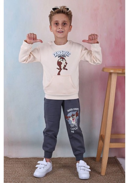 Pjk3i Tazmanya Canavarı Desenli Füme Kanguru Cepli 3 Ip Şardonlu Pamuk Erkek Çocuk Eşofman Takımı 3-10 Yaş 7342-F