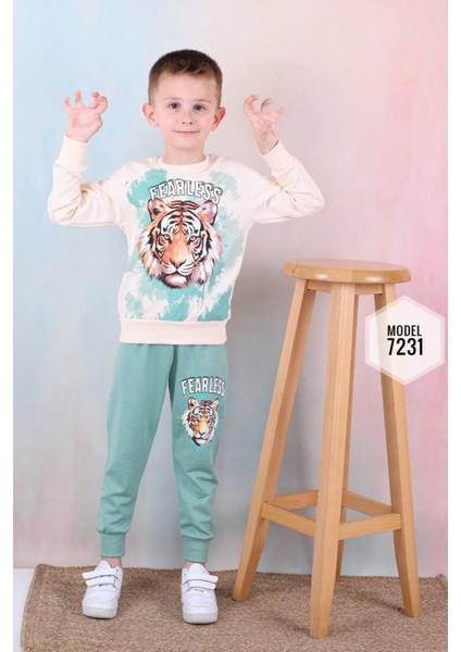 Pjk2i Kaplan Desenli Yeşil 2 Ip Pamuk Erkek Çocuk Eşofman Takımı 3-10 Yaş 7231-Y