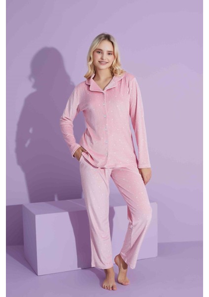 Tarp Pembe Kadife Önden Düğmeli Anne Pijama Takımı 6425-P