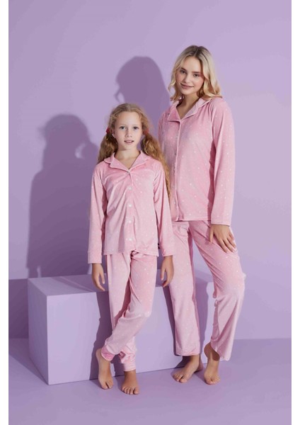 Tarp Pembe Kadife Önden Düğmeli Anne Pijama Takımı 6425-P