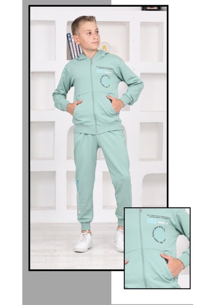 Pjk2i What Make Of Desenli Yeşil 2 Ip Pamuk Erkek Çocuk Fermuarlı Eşofman Takımı 5-14 Yaş 7260-Y
