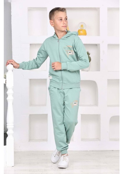 Pjk2i Be Creatıve Desenli Yeşil 2 Ip Pamuk Erkek Çocuk Fermuarlı Eşofman Takımı 5-14 Yaş 7265-Y