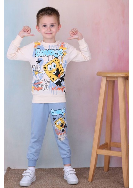 Pjk2i Sünger Bob Desenli Mavi 2 Ip Pamuk Erkek Çocuk Eşofman Takımı 3-10 Yaş 7276-M