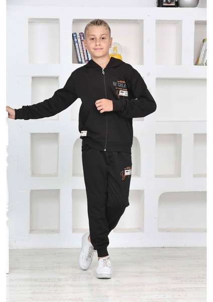 Pjk2i Be Creatıve Desenli Siyah 2 Ip Pamuk Erkek Çocuk Fermuarlı Eşofman Takımı 5-14 Yaş 7265-S