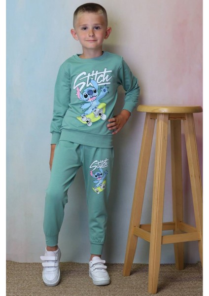 Pjk2i Sttıch Desenli Yeşil 2 Ip Pamuk Erkek Çocuk Eşofman Takımı 3-10 Yaş 7319-Y