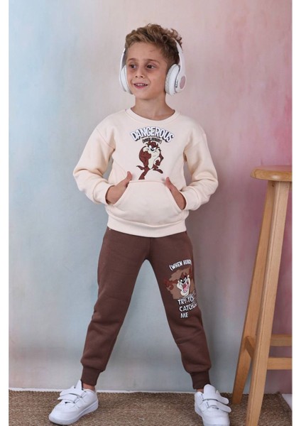 Pjk3i Tazmanya Canavarı Desenli Kahverengi Kanguru Cepli 3 Ip Şardonlu Pamuk Erkek Çocuk Eşofman Takımı 3-10 Yaş 7342-K
