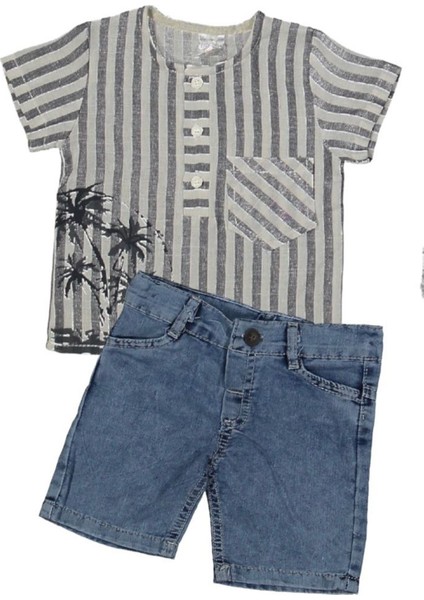 Mk Palmiyeli Gömlekli Kot Şortlu Erkek Çocuk Kısa Kol Takım 6-10 Yaş Lacivert Çizgili 1158-L