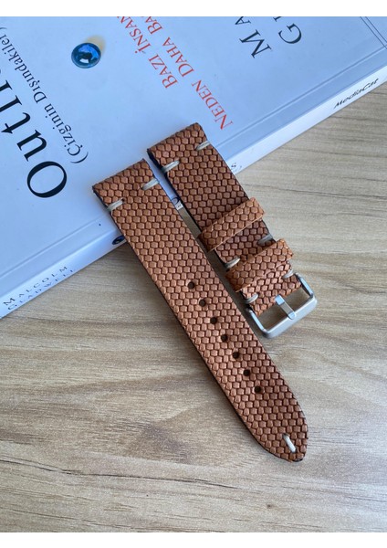 El Dikişi Kahverengi Desenli Gerçek Deri Saat Kordonu. Hakiki Deri. 18,20,22,24,26MM.